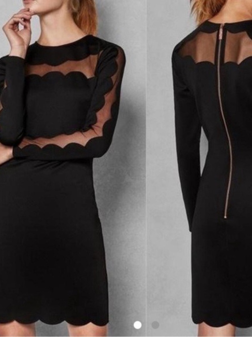 TED BAKER London SERENTY SCALLOPED ILLUSIONS BLACK BODYCON DRESS Size Small